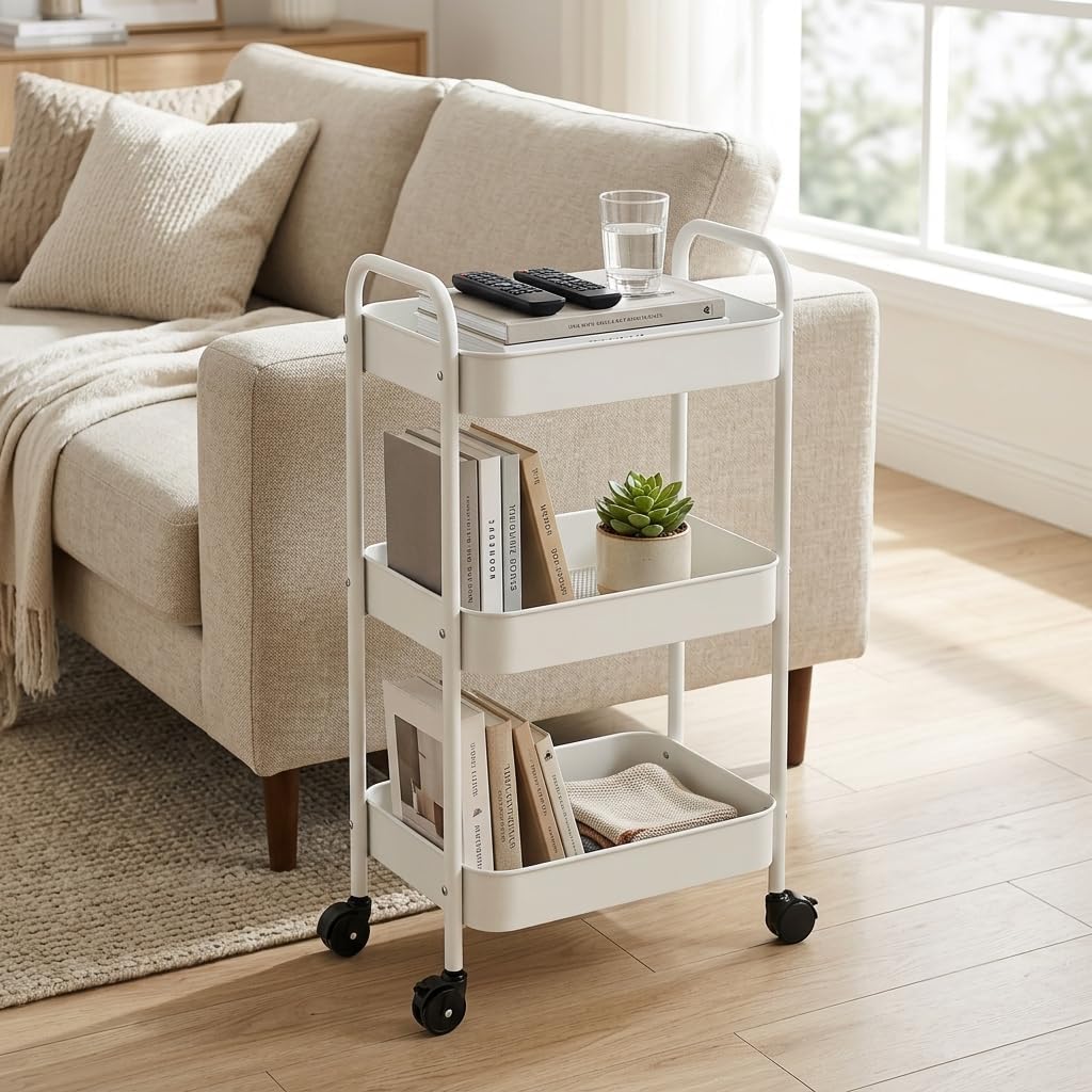 3-Tier Metal Rolling Cart with Smooth Casters, Lightweight Storage Utility Cart Mobile Organizer Rack, Multi-Purpose Basket Shelf for Kitchen, Bathroom, Closet, Pantry-Black