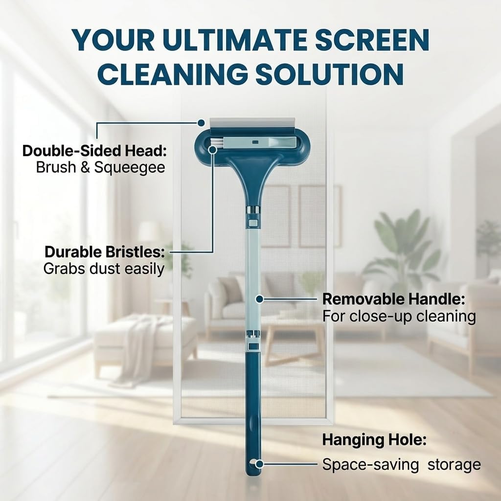 Window Screen Cleaning Brush with Long Handle, 2-in-1 Mesh Cleaner Tool & Squeegee, Double-Sided Multi-Purpose Scrubber for Glass, Sliding Door, Patio & Porch Screens (Blue)