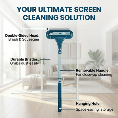 Window Screen Cleaning Brush with Long Handle, 2-in-1 Mesh Cleaner Tool & Squeegee, Double-Sided Multi-Purpose Scrubber for Glass, Sliding Door, Patio & Porch Screens (Blue)