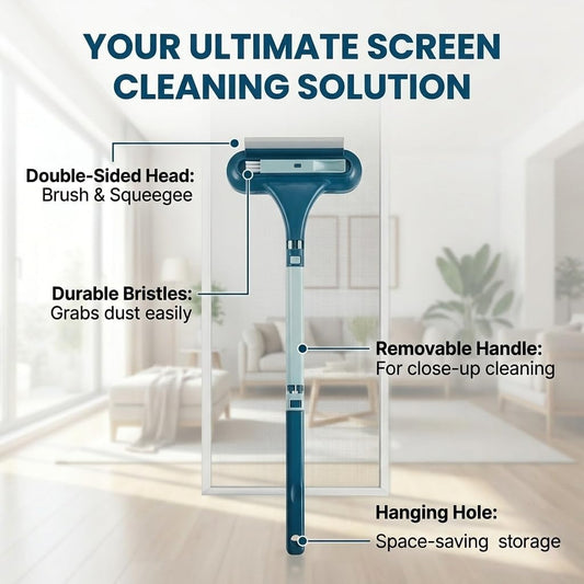 Window Screen Cleaning Brush with Long Handle, 2-in-1 Mesh Cleaner Tool & Squeegee, Double-Sided Multi-Purpose Scrubber for Glass, Sliding Door, Patio & Porch Screens (Blue)