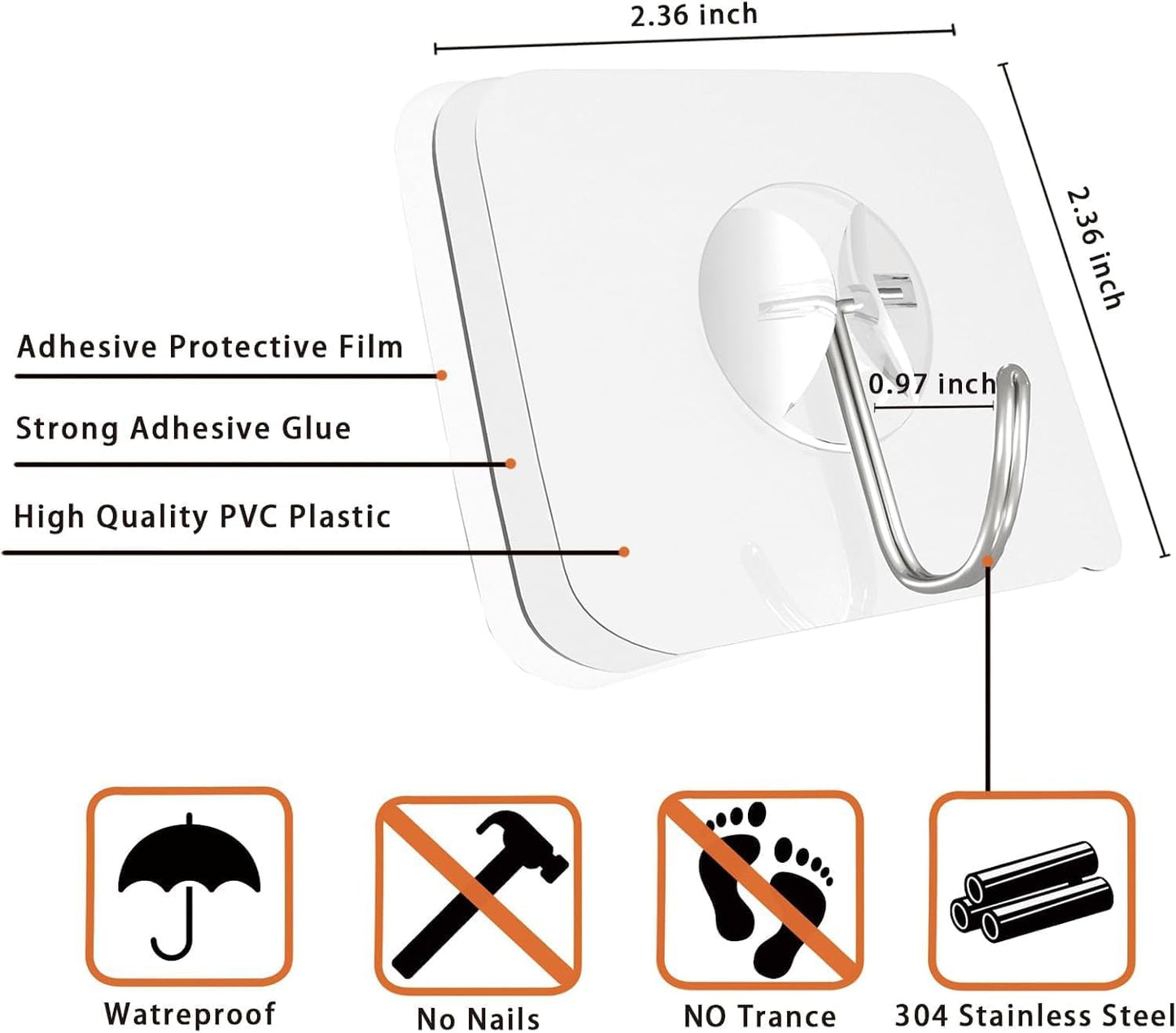 12 Pack Large Adhesive Hooks for 44 lb(Max) Hanging Heavy Duty, Self Adhesive Sticky Hooks Waterproof Stainless Steel Wall Hook for Home Bathroom Shower Kitchen Outdoor Utility Hooks