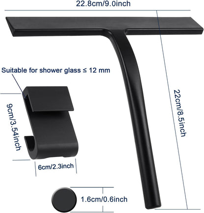 All -Purpose Silicone Shower Squeegee for Shower Glass Door with Hook, Bathroom Accessories for Window Mirror Tile Car Shower Walls,Household Shower Cleaner Tool (Black, 9 inch(1 Hook)