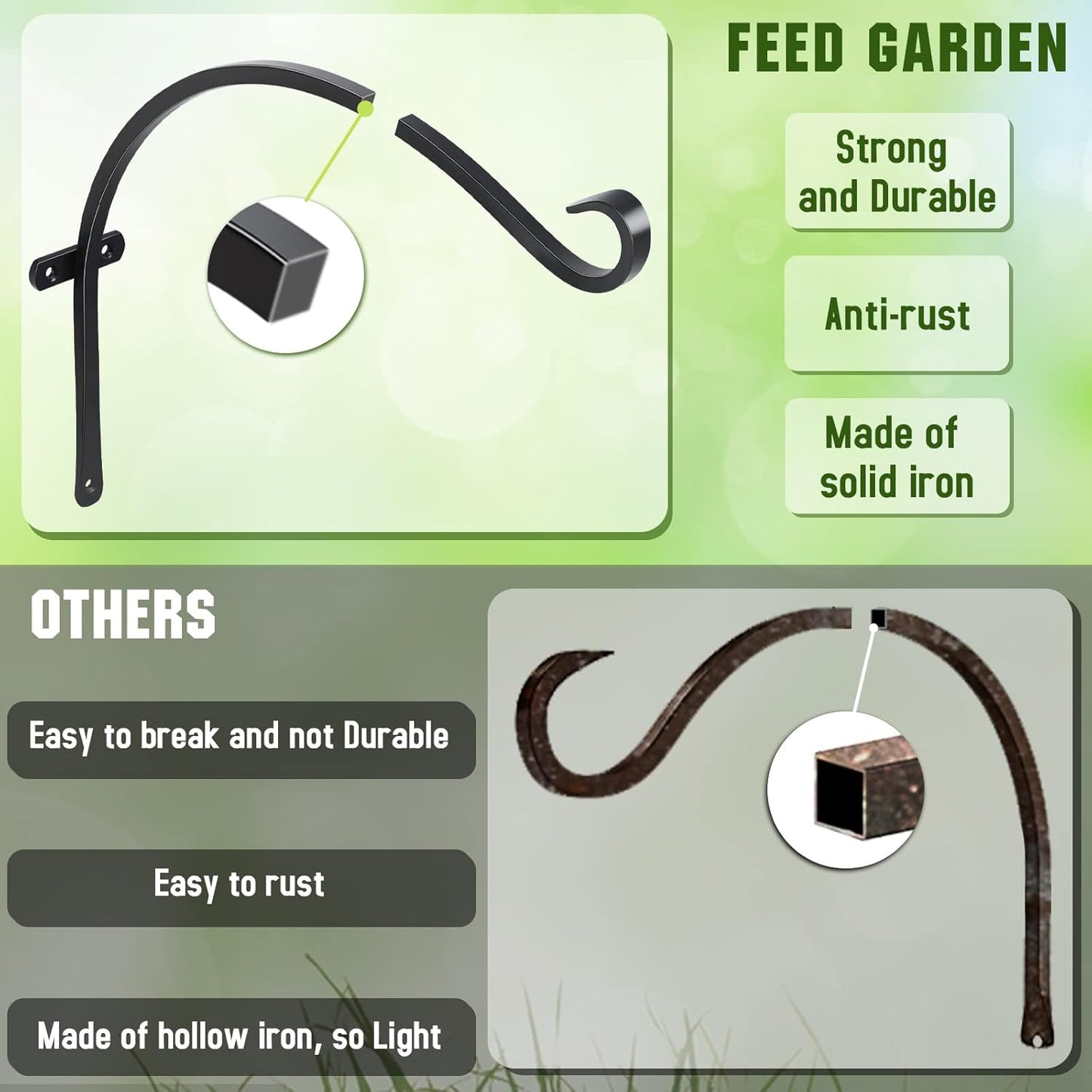 FEED GARDEN Heavy Duty Plant Hangers Outdoor Indoor, 8 Inch 2 Pack Metal Hanging Bracket Holds Up to 44 lbs, Wall Brackets for Hanging Baskets, Bird Feeders,Wind Chime& Lanterns, Black