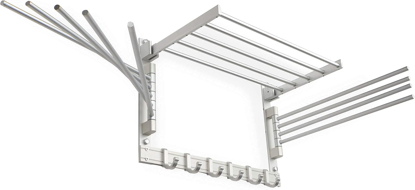 BGT Wash Clothes Drying Rack Wall Mount Laundry Room Organizer with Hooks & Swing Arms, 17" Metal Laundry Rack Silver