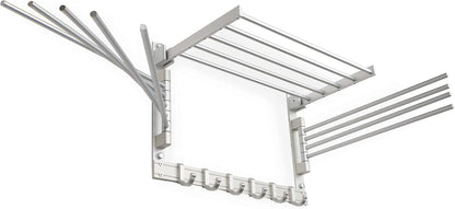 BGT Wash Clothes Drying Rack Wall Mount Laundry Room Organizer with Hooks & Swing Arms, 17" Metal Laundry Rack Silver