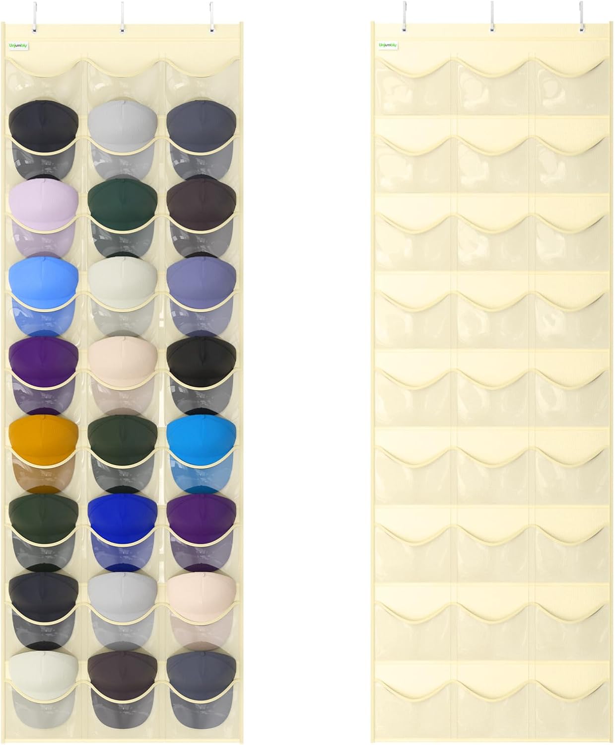 Baseball Hat Rack, 24 Pocket Over-The-Door Hat Organizer with Clear Deep Pockets to Display Baseball Caps Collection, Complete with 3 Over Door Hooks (Black, 24 Pockets)
