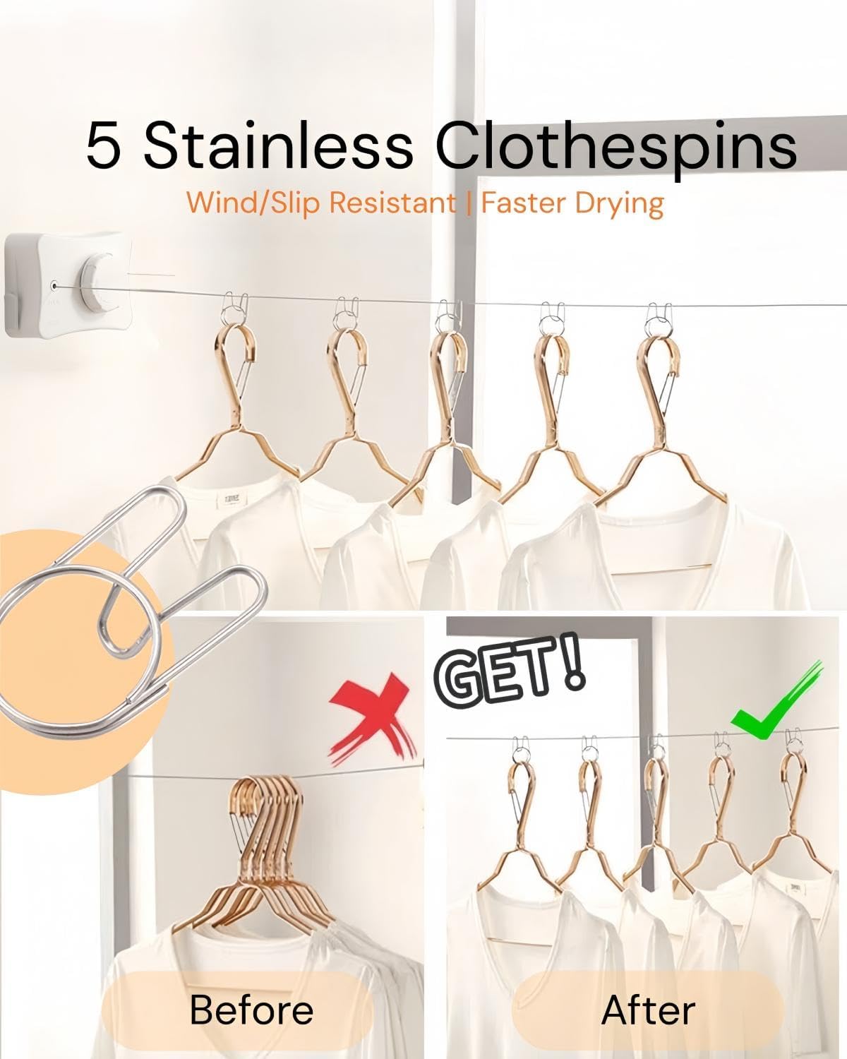 Retractable Clothesline 16.7 ft – Heavy-Duty 44 lb, Rust-Proof Stainless Steel, Wall-Mounted Indoor/Outdoor Laundry Line, Easy Install for Bathroom, Balcony & Apartment (White, Single Line)