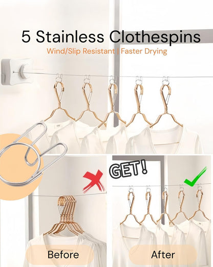 Retractable Clothesline 16.7 ft – Heavy-Duty 44 lb, Rust-Proof Stainless Steel, Wall-Mounted Indoor/Outdoor Laundry Line, Easy Install for Bathroom, Balcony & Apartment (White, Single Line)