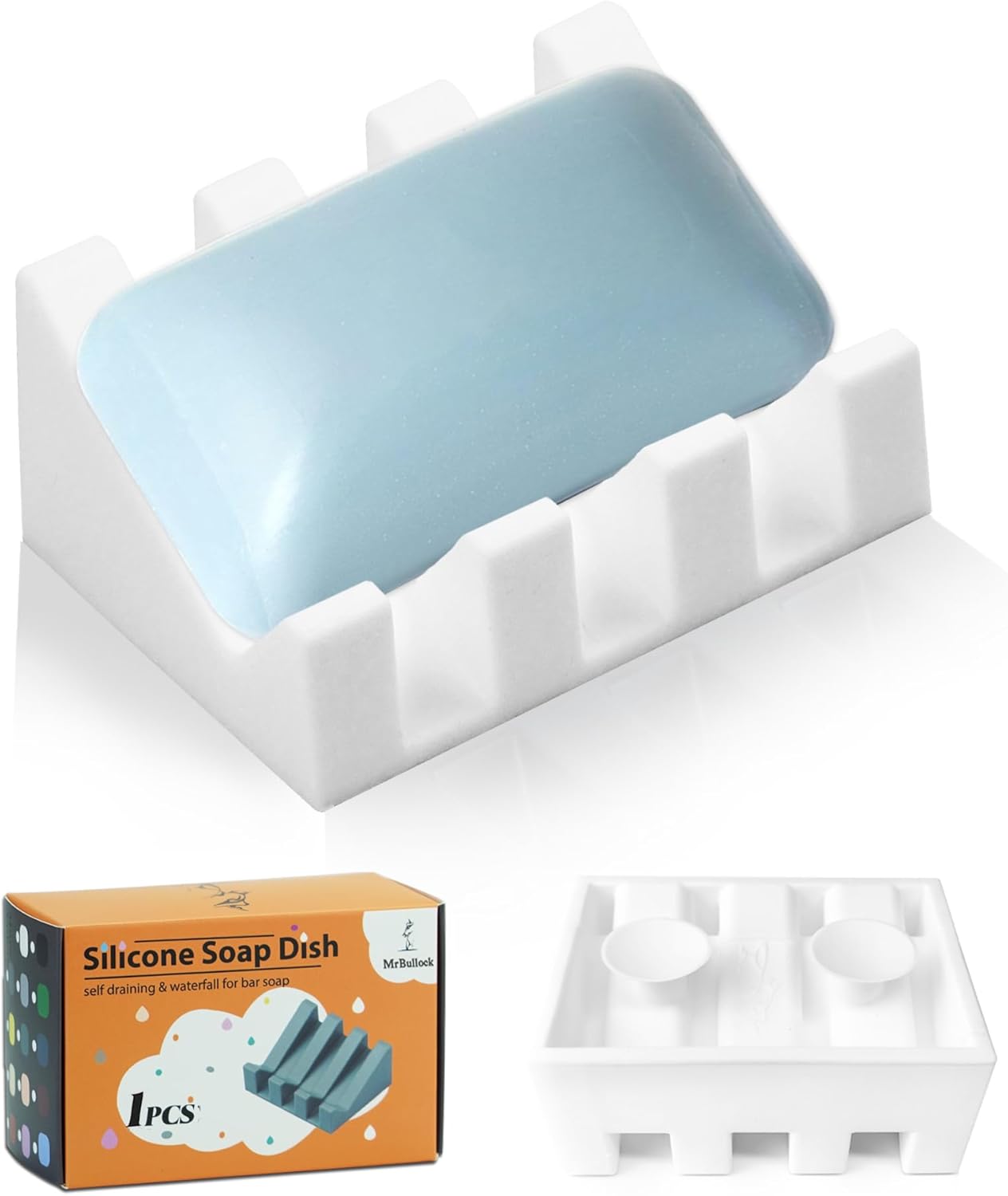 Self Draining Silicone Soap Dish with Suction Cups - Non-Slip Bar Soap Holder for Shower & Kitchen, Waterfall Tray Keeps Soap Dry, Easy Clean, Extends Soap Life (White, 1)