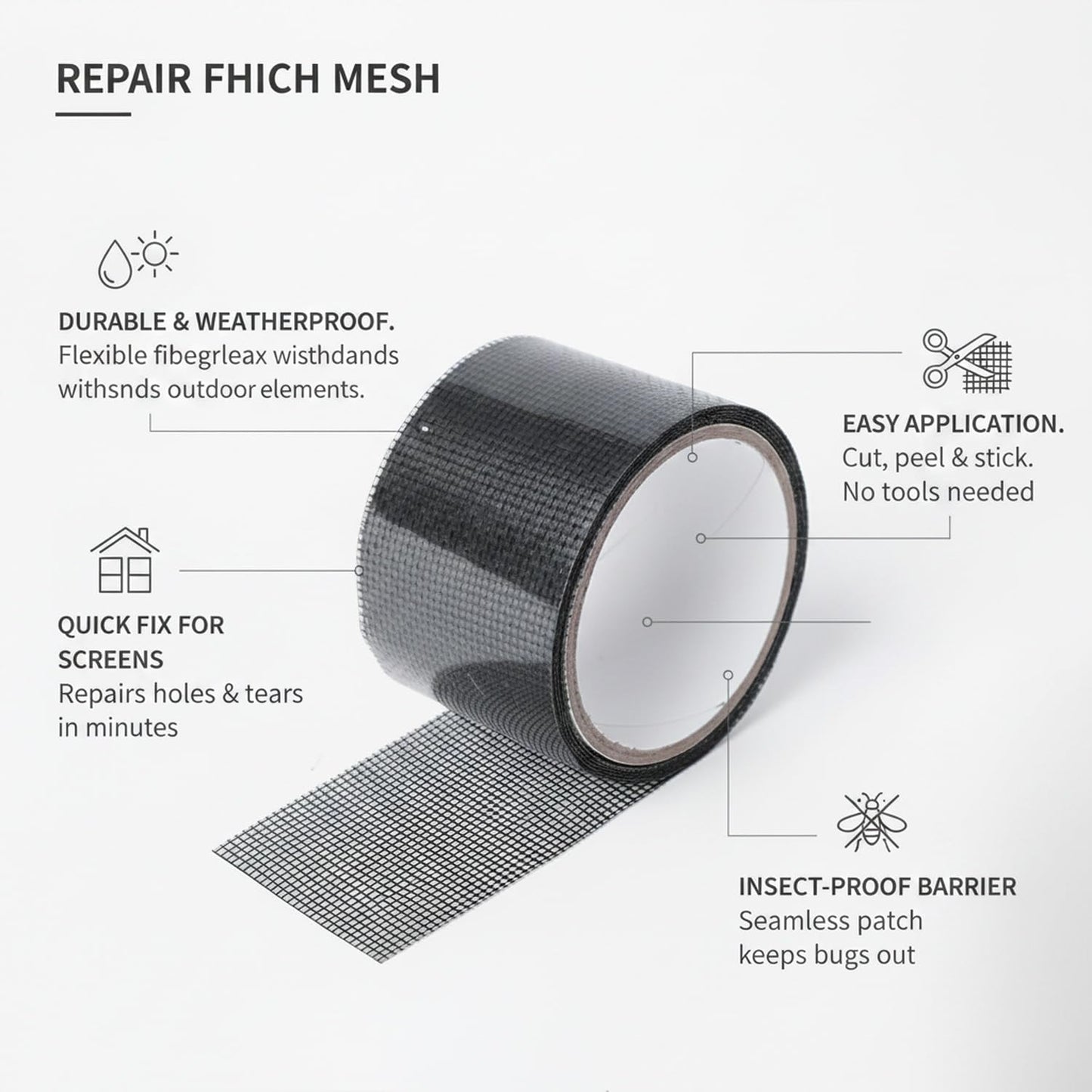 Self-Adhesive Window Screen Repair Tape, Fiberglass Mesh Patch for Holes & Tears, 2" x 78.7" Roll for Door and Window Screens