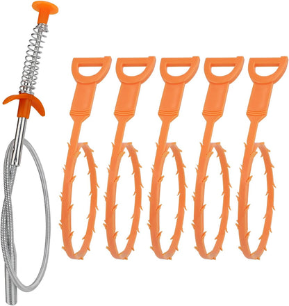 Amazon Basics Drain Clog Remover Tool, 6 Pack with 5 Plastic and 1 Stainless Steel Drain Snakes, Hair Unclogger for Toilet, Kitchen Sink, Bathroom Tub, Shower, Sewer
