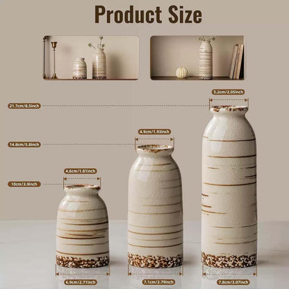 Rustic Ceramic Vase Set of 3 - Beige Rustic Vases for Flowers,Farmhouse Flower Vases for Home Decor,Small Decorative Vase Set for Living Room,Table Shelf,Centerpieces and Fireplace Decorations