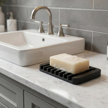 4-Pack Self Draining Soap Dish for Shower Bathroom Waterfall Silicone Soap Saver Tray Sponge Holder for Kitchen Sink Non-Slip Easy Clean (Black and White)