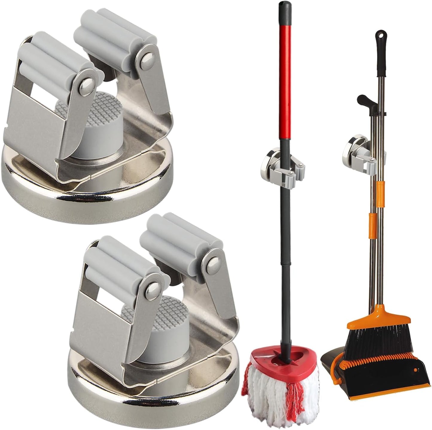 MUTUACTOR Heavy Duty Magnetic Broom Holder,Anti-slip Magnetic Tool Rack with Top Utility Shelf, Easy Assembly Broom Mop Organizer for Refrigerator Metal Cabinet Laundry Room Kitchen,3-Clamps 4-Hooks