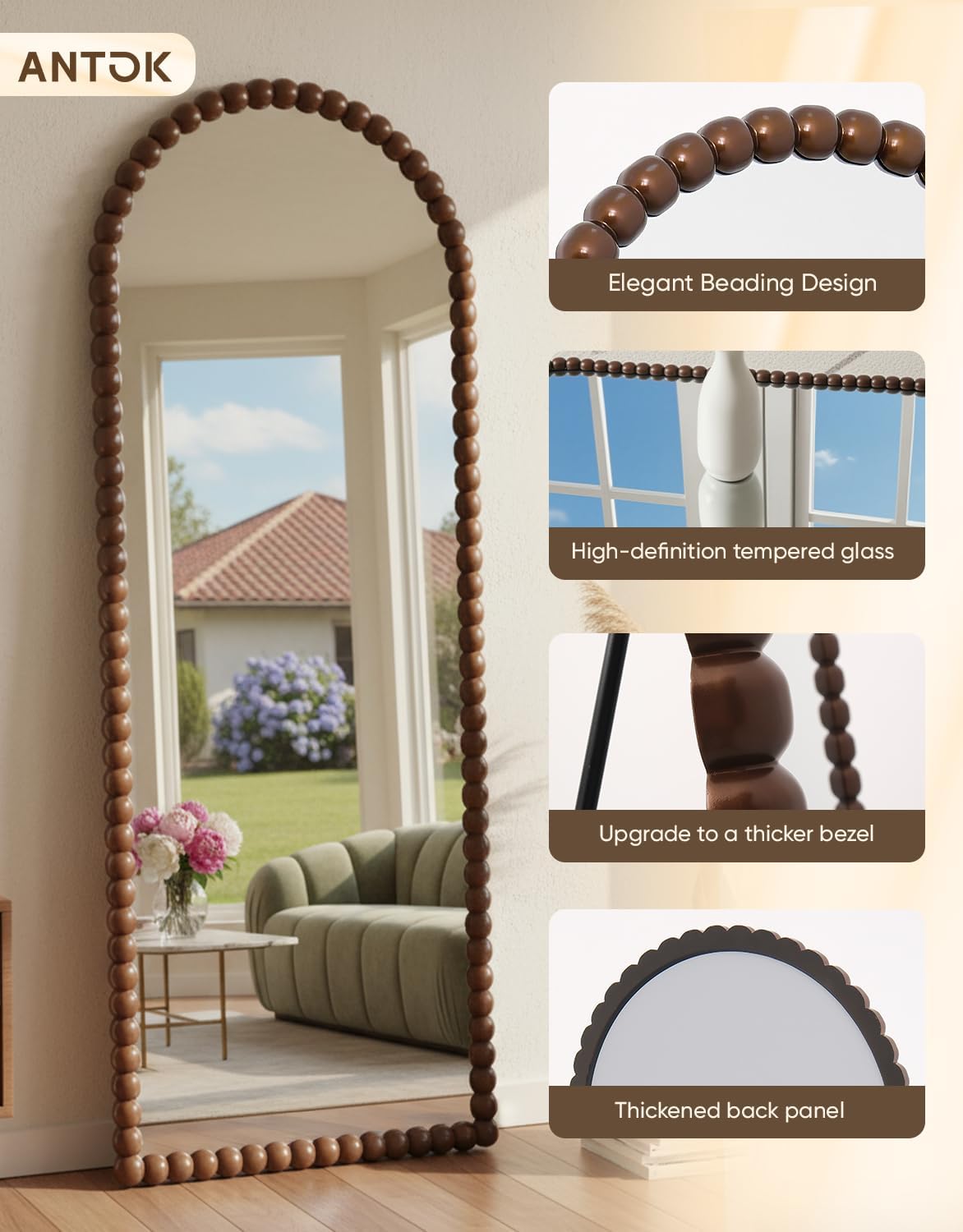 Antok 58" x 21" Arched Full Length Mirror, Antique Beaded Frame Floor Standing or Wall Mounted Mirror with Stand for Bedroom, Entryway, Brown, Luxury Style