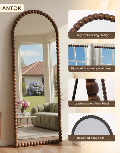 Antok 58" x 21" Arched Full Length Mirror, Antique Beaded Frame Floor Standing or Wall Mounted Mirror with Stand for Bedroom, Entryway, Brown, Luxury Style