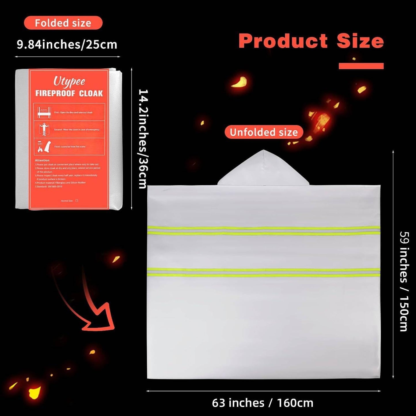 Emergency Fireproof Cloak with Hood – Silver Silicone Coated Fiberglass Fire Blanket, 59 x 63 Inches, Heat Resistant Safety Cover for Escape- fire Retardant Blanket - fire Extinguisher