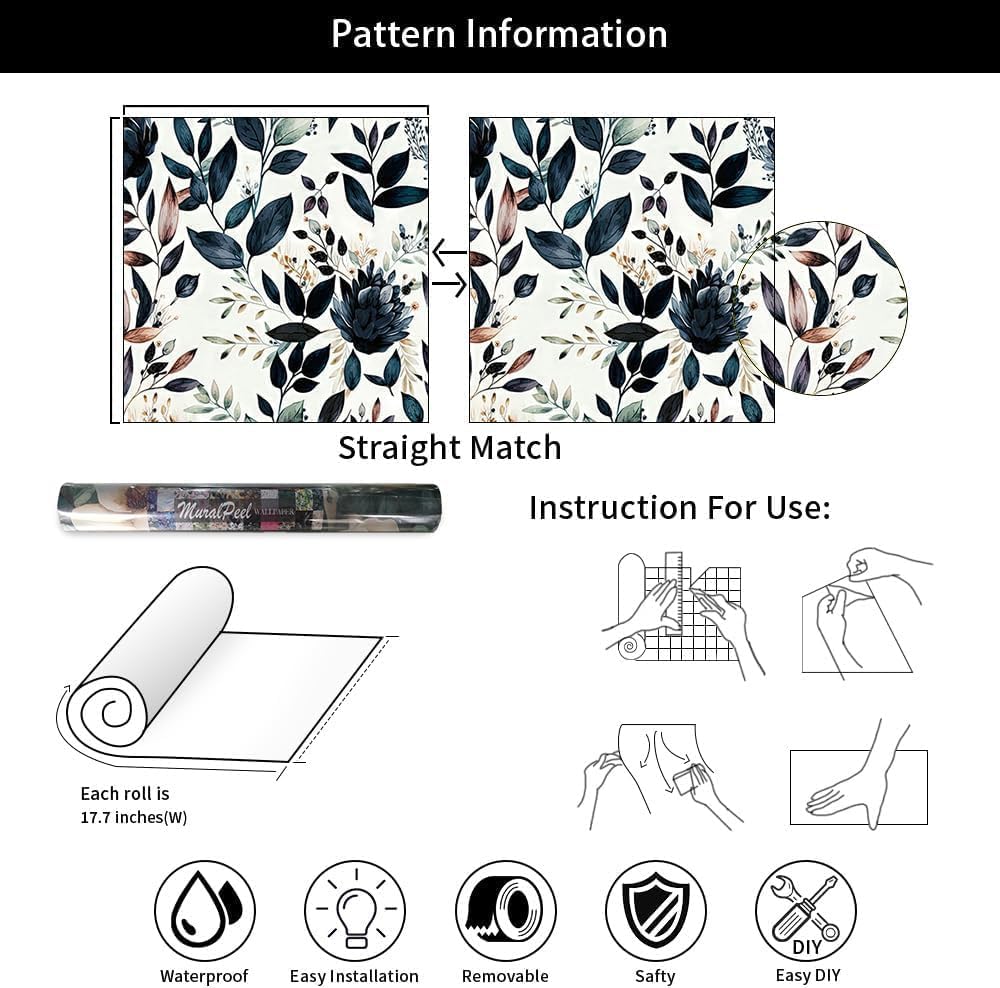 MuralPeel Dark Blue/Yellow Leaf Floral Peel and Stick Wallpaper Vintage Easy Peel Off Self Adhesive Removable Stick on Wall Paper for Kitchen Cabinet Renter Friendly
