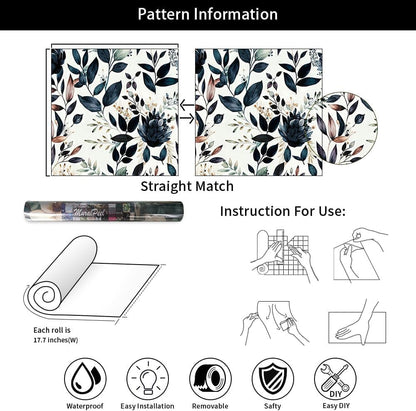 MuralPeel Dark Blue/Yellow Leaf Floral Peel and Stick Wallpaper Vintage Easy Peel Off Self Adhesive Removable Stick on Wall Paper for Kitchen Cabinet Renter Friendly