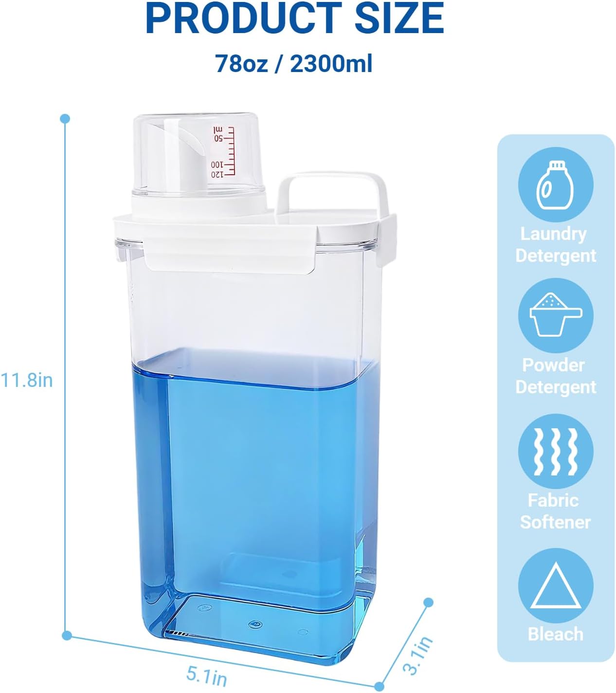Laundry Detergent Dispenser - 61oz Refluxable Plastic Liquid Laundry Detergent Container for Laundry Room Organization
