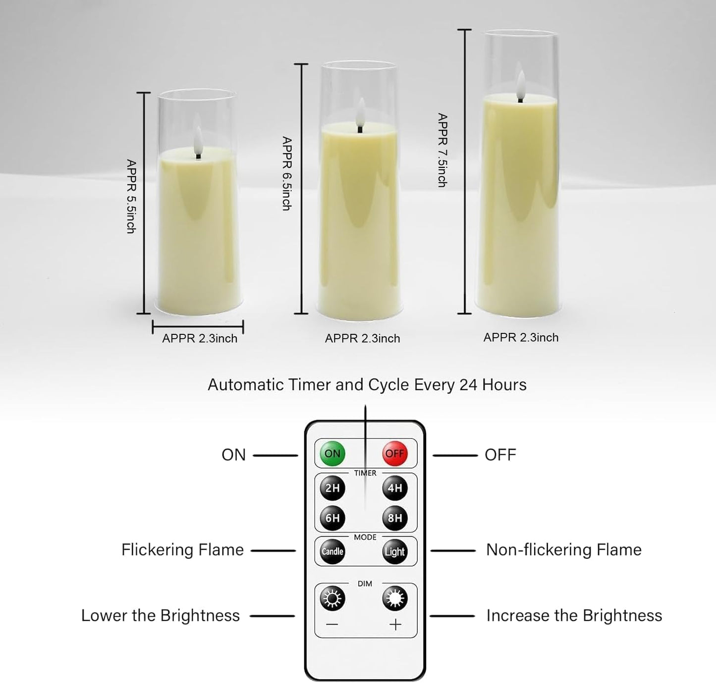 kakoya Flickering Flameless Candles Battery Operated with Remote and 2/4/6/8 H Timer Plexiglass Led Pillar Candles Pack of 9(D2.3 xH5.5 6.5" 7.5") with Realistic 3D Wick Candles for Home Decor(Ivory)