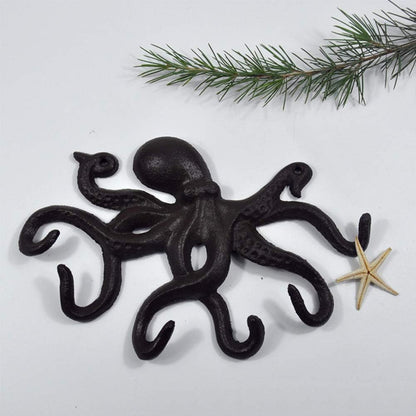 Cast Iron Coat Hooks Rustic Octopus Key Holder Heavy Duty Hooks Wall Mounted with 6 Tentacles for Keys, Towel, Bags, Scarf, Cup, Hat
