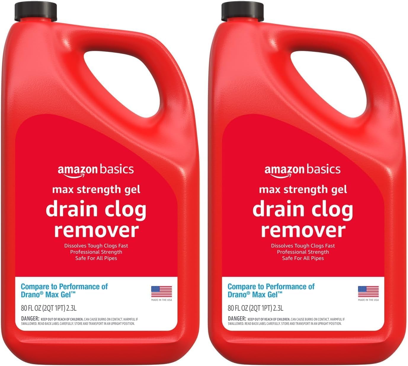 Amazon Basics Max Strength Drain Cleaner Gel, Hair Clog Remover, Dissolves Grease, Safe on All Pipes, 80 Fl Oz
