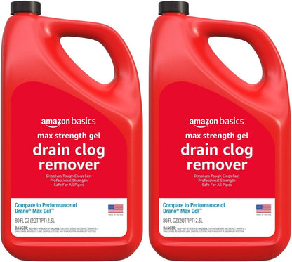 Amazon Basics Max Strength Drain Cleaner Gel, Hair Clog Remover, Dissolves Grease, Safe on All Pipes, 80 Fl Oz