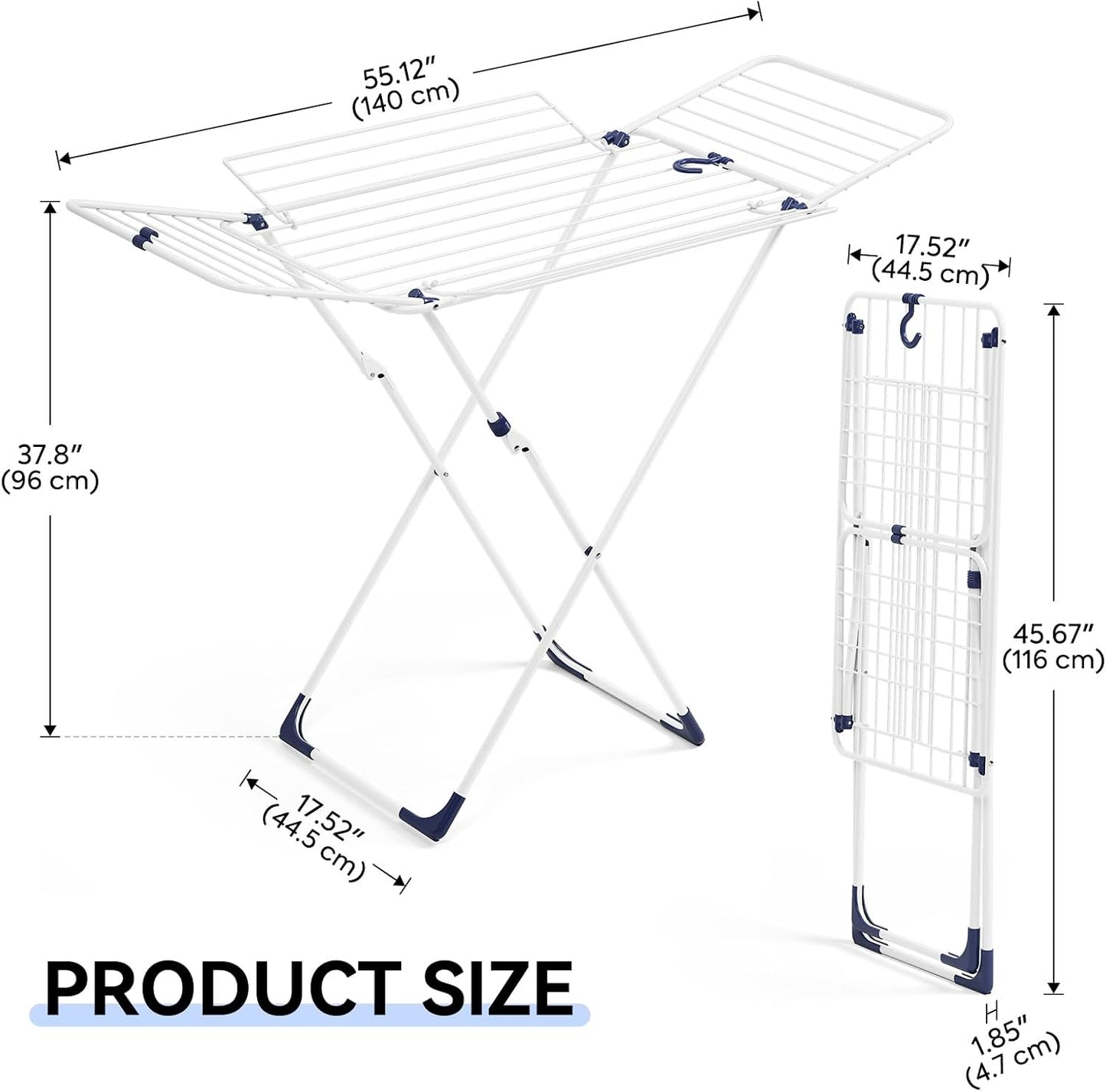 APEXCHASER Clothes Drying Rack, Metal Drying Rack Clothing, Laundry Rack Foldable, Space-Saving, Free-Standing Airer with 4 Gullwings, Indoor Outdoor Use, 55.12"*37.8"*17.52", White