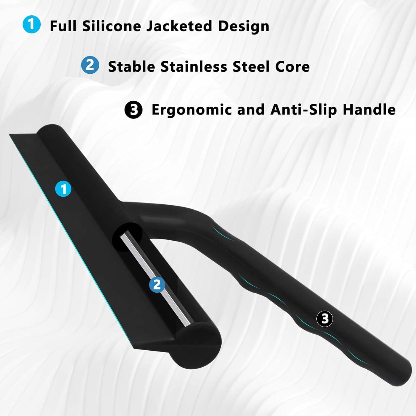 Squeegee for Shower Glass Doors, Resilient Loop - No-Drill & Adhesive Hook, Silicone Shower Squeegee with Stainless Steel Core, Cleaning Tool for Home, Kitchen, Bathroom & Car - Black