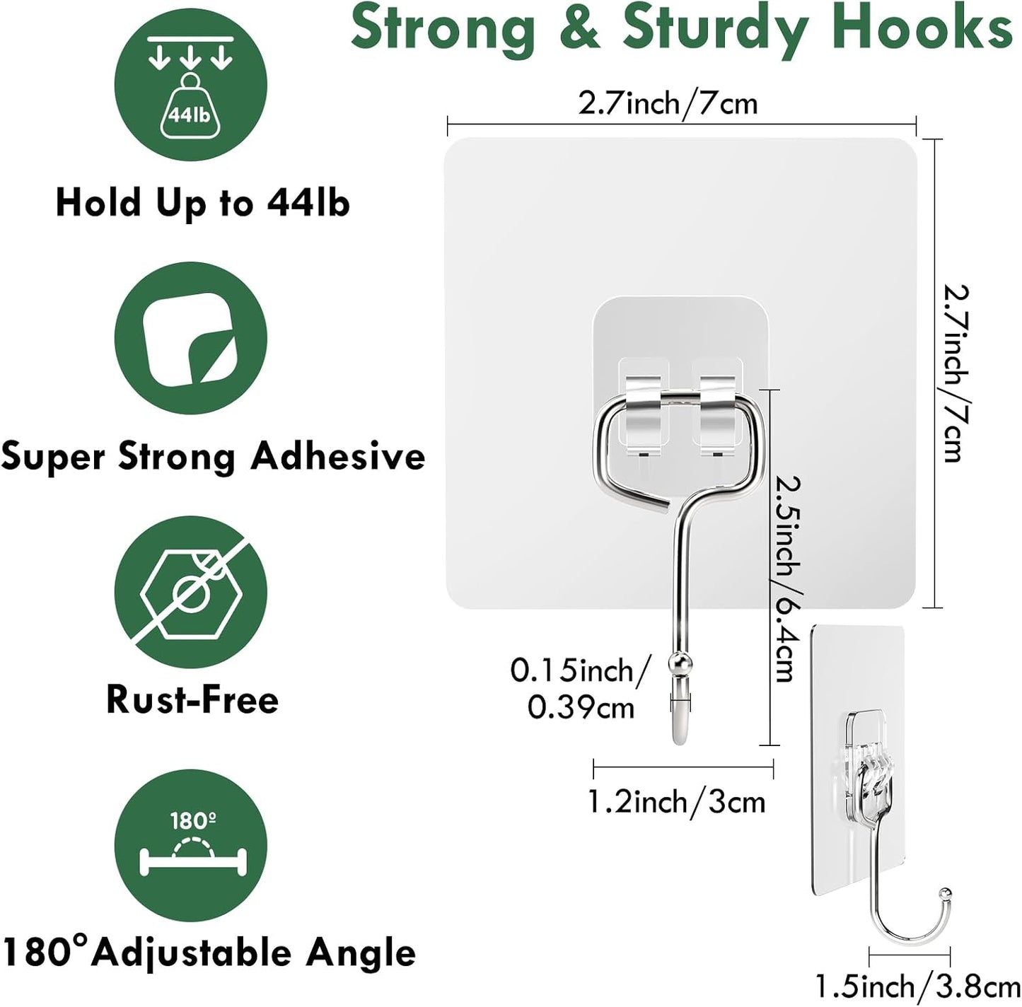10 Pack Large Adhesive Hooks, Wall Hooks for Hanging Heavy Duty 22Ib(Max), Clear and Removable Strong Sticky Hooks, Waterproof and Rustproof Multiple Uses for Bathroom Kitchen Office