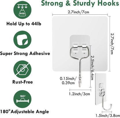 10 Pack Large Adhesive Hooks, Wall Hooks for Hanging Heavy Duty 22Ib(Max), Clear and Removable Strong Sticky Hooks, Waterproof and Rustproof Multiple Uses for Bathroom Kitchen Office