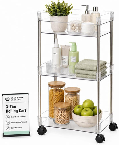 American Dream Home Chrome/Clear Acrylic Slim 3-Tier Rolling Cart Portable Narrow Storage Trolley with Wheels, Transparent Shelves for Bathroom, Kitchen, Office & Small Spaces