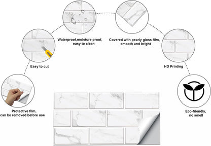 12-Sheet White Peel and Stick Wallpaper, Subway Tile 6''x12'' Self Adhesive Wall Tiles Waterproof PVC Stick on Backsplash Vinyl Decorative Tiles Stickers for Kitchen Bathroom