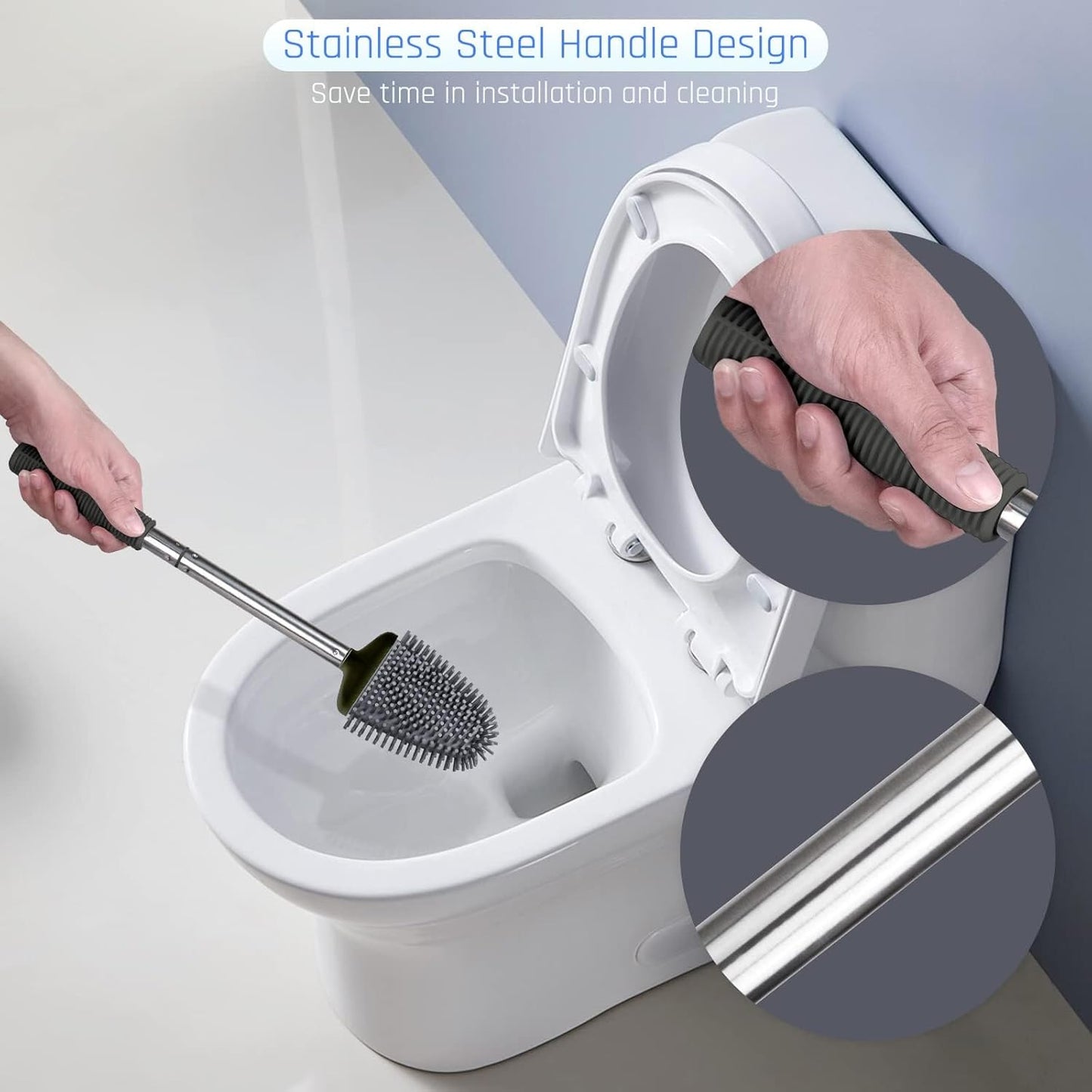 Sellemer Toilet Brush and Holder Set - Flexible Toilet Bowl Brush Head with Silicone Bristles, Compact Size for Storage and Organization, Ventilation Slots Base (1 Pack, Silver)