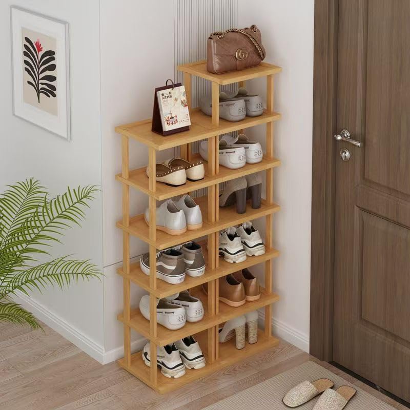SAN HE 7-Tier Modern Bamboo Shoe Rack - Vertical, Slim, Space-Saving Shoe Organizer for Small Spaces, Closet, Entryway, Corner, Garage, Bedroom