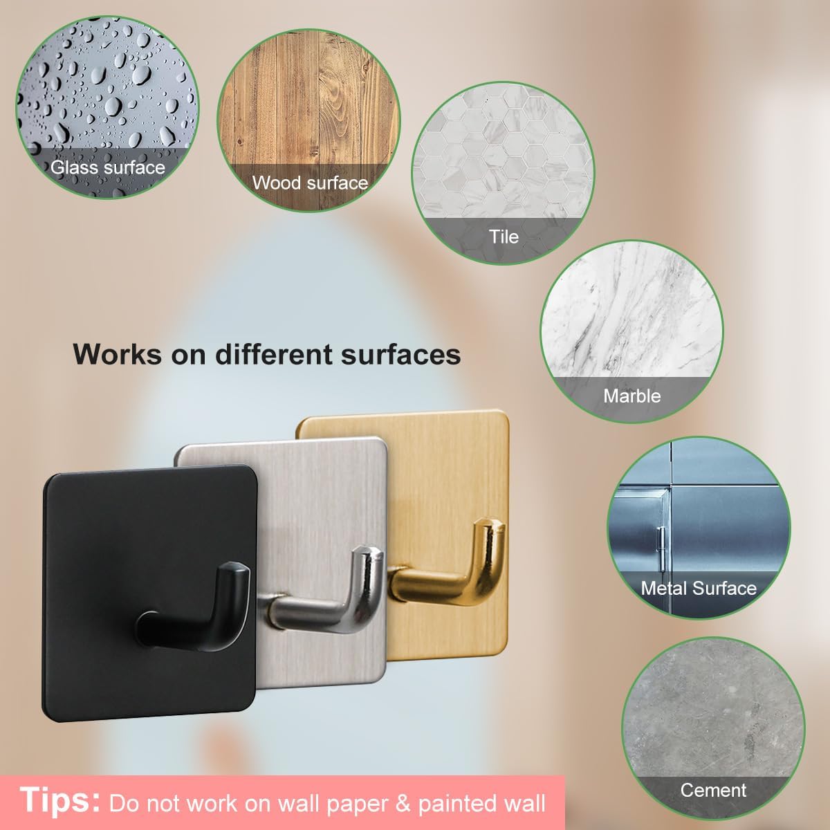 4 Pcs Stainless Steel Adhesive Hooks, Heavy Duty Waterproof in Shower Hook for Hanging Loofah, Towels, Clothes, Robes for Bathroom Removable Adhesive Wall Door Hangers, Black