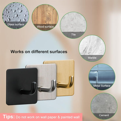 4 Pcs Stainless Steel Adhesive Hooks, Heavy Duty Waterproof in Shower Hook for Hanging Loofah, Towels, Clothes, Robes for Bathroom Removable Adhesive Wall Door Hangers, Black