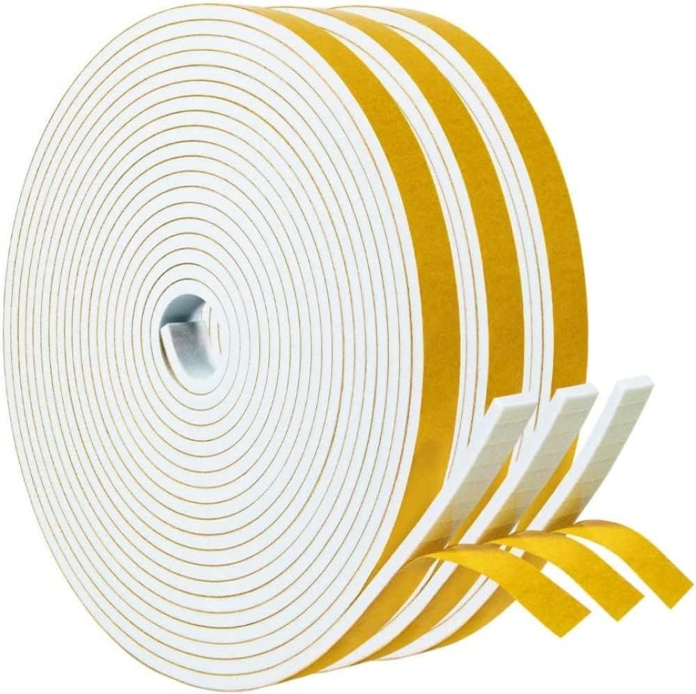 White Weatherstripping 1/4" W x 1/8" T, Foam Seal Strip for Window Door, Adhesive Foam Insulation Tape Reduce Noise Dust Cold Air, 16FT Each x 3 Rolls