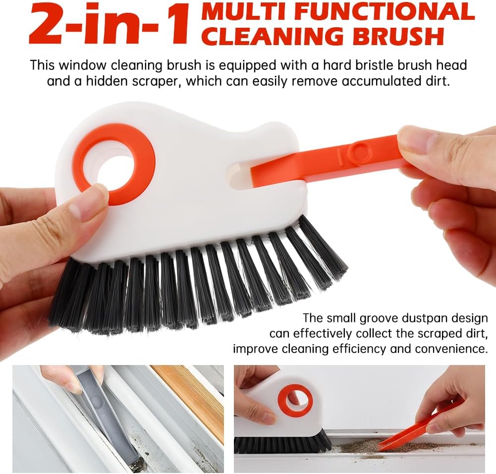 2Pcs Window Track Cleaner with Hard Bristle Brush & Scraper, 2-in-1 Groove Cleaning Tool for Sliding Door Tracks, Window Sills, and Seal Crevices