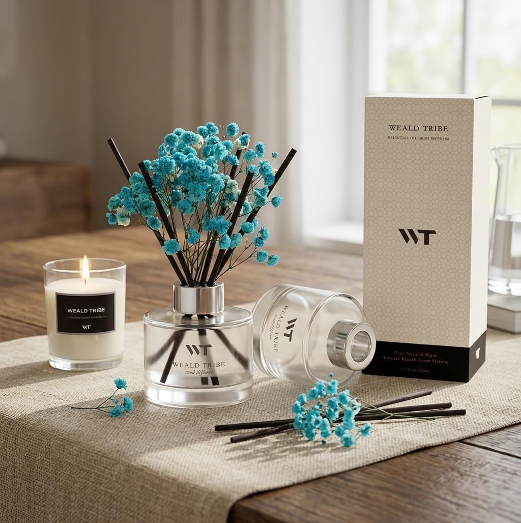 Flower Reed Diffuser Set Wild Eucalyptus Mint Scent for Bathroom Accessories Shelf Decor & Air Fresheners, Sticks Defusers with 5.1 fl oz Essential Oils & Leaves, House Bedroom Office Decor & Gifts