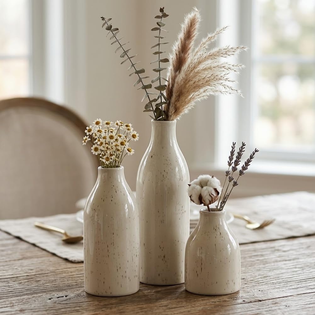 Ceramic Vase Set of 3, Small Flower Neutral Vases Home Decor, Pottery Rustic Farmhouse Decorative Vases, Modern Decor for Table Mantel Entryway Bookshelf Living Room Kitchen Bedroom