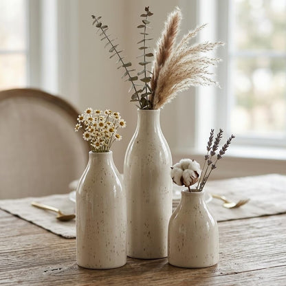 Ceramic Vase Set of 3, Small Flower Neutral Vases Home Decor, Pottery Rustic Farmhouse Decorative Vases, Modern Decor for Table Mantel Entryway Bookshelf Living Room Kitchen Bedroom