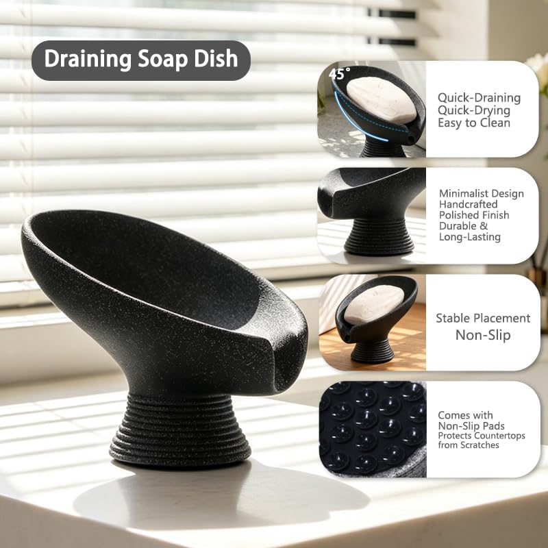 Self Draining Soap Dish with Suction Cup, Leaf Shaped Resin Soap Holder for Bathroom, Shower, Sink & Kitchen (Beige)
