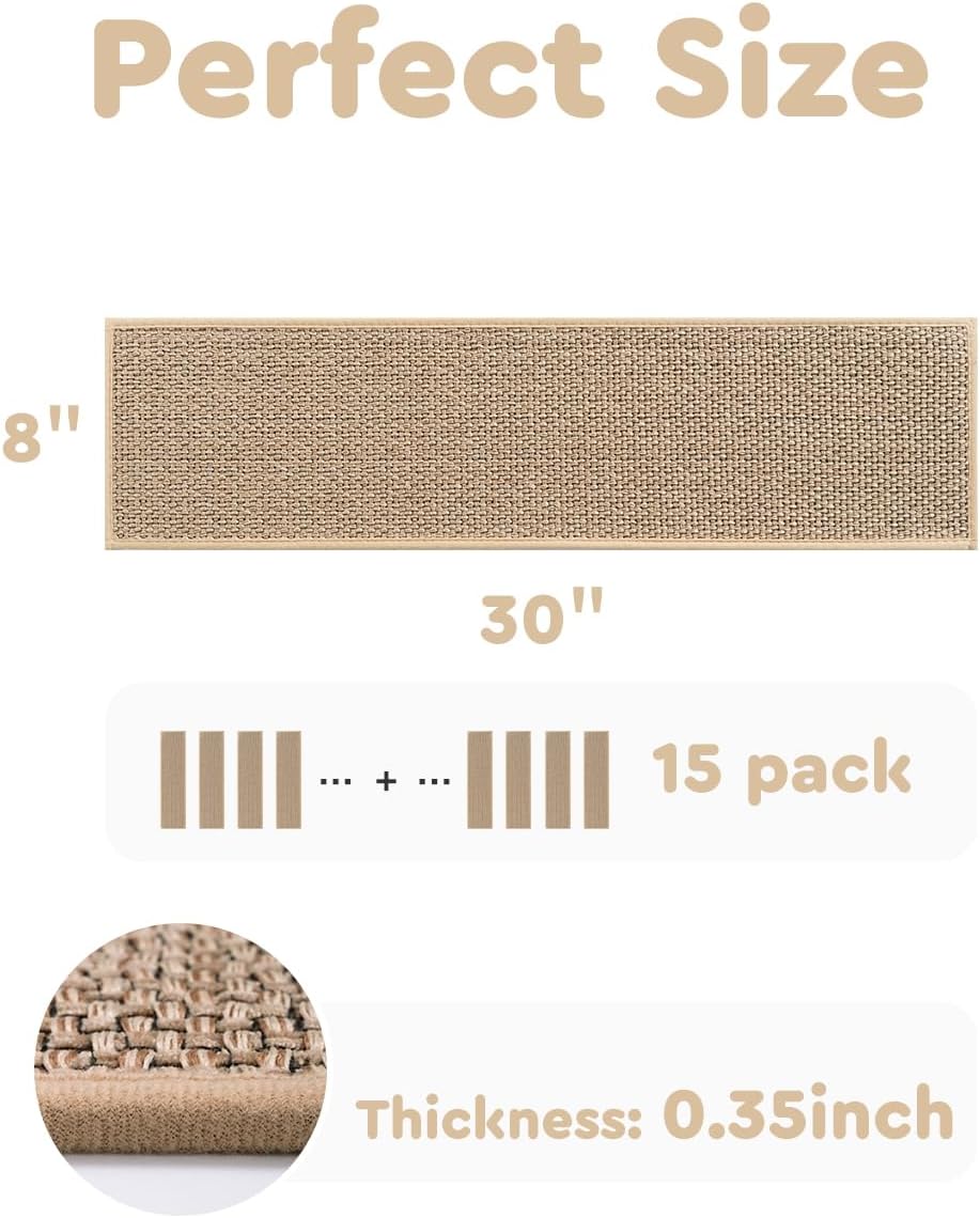 PADOOR Non Slip Stair-Treads,Rubber Backing Stair-Runners for Wooden Steps,15PCS Residue Free Carpet Stair Treads for Kids and Dogs 8"x30" Beige