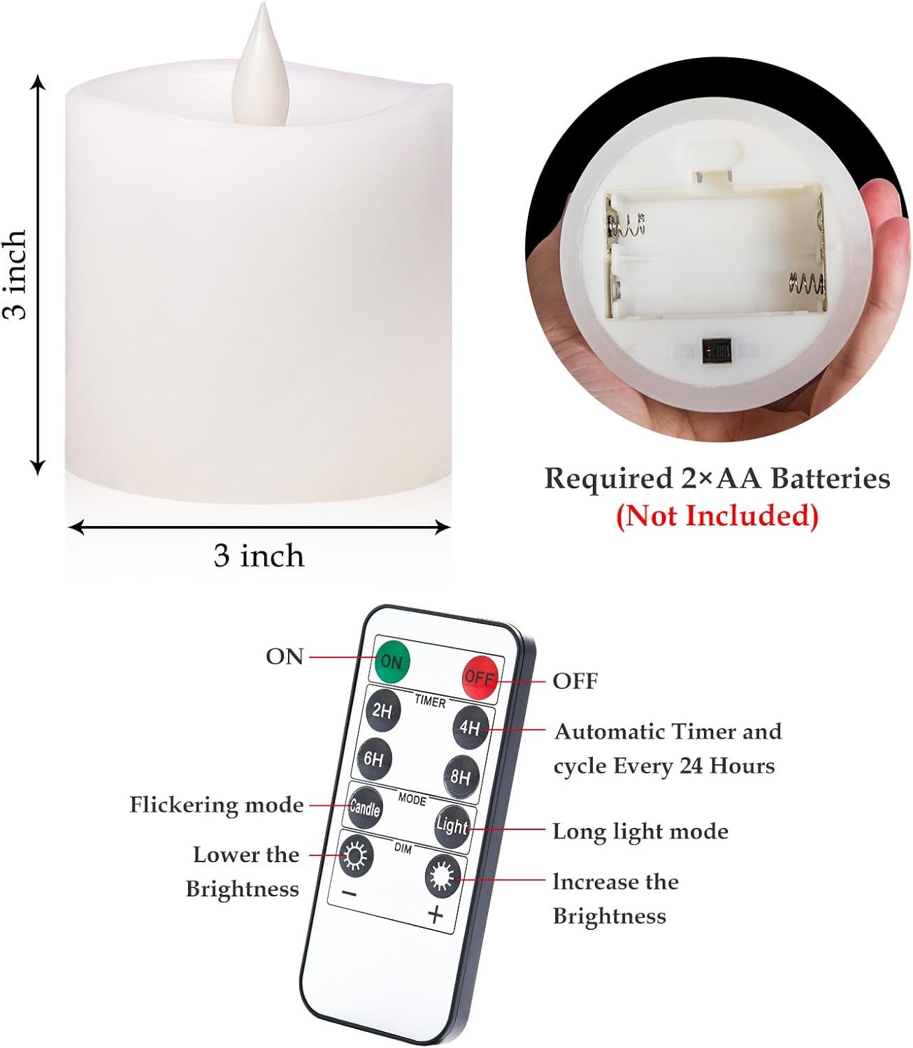 3"x4" Flickering Flameless Battery Candles with Timer, White Realistic LED Pillar Candles, Set of 2 Large Remote-Operated Candles for Home Indoor/Outdoor & Holiday Decor