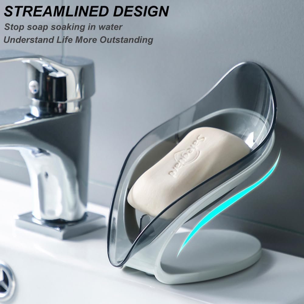 H&W 2Pcs Self Draining Soap Holder,Suction Cup Soap Dish,Shower Soap Bar Holder,Leaf Shape Soap Holder,Soap Dish Dispenser for Shower, Bathroom, Kitchen Sink (Grey + Blue)