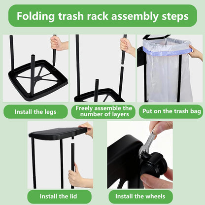 Collapsible13 Gallon Trash Bag Holder Height Adjustable (3 levels) Portable Trash Bag Holder with Lid, Stand with 4-Wheels Plastic Outdoor Trash Can Suitable Kitchen Garbage Can for Outside Indoor