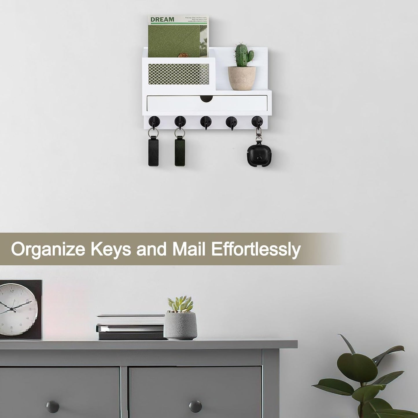 Key Holder Wall Mount, Key Holder for Wall with 5 Key Hooks and Storage Drawer Mail Organizer for Entryway Living Room Farmhouse Home Decor