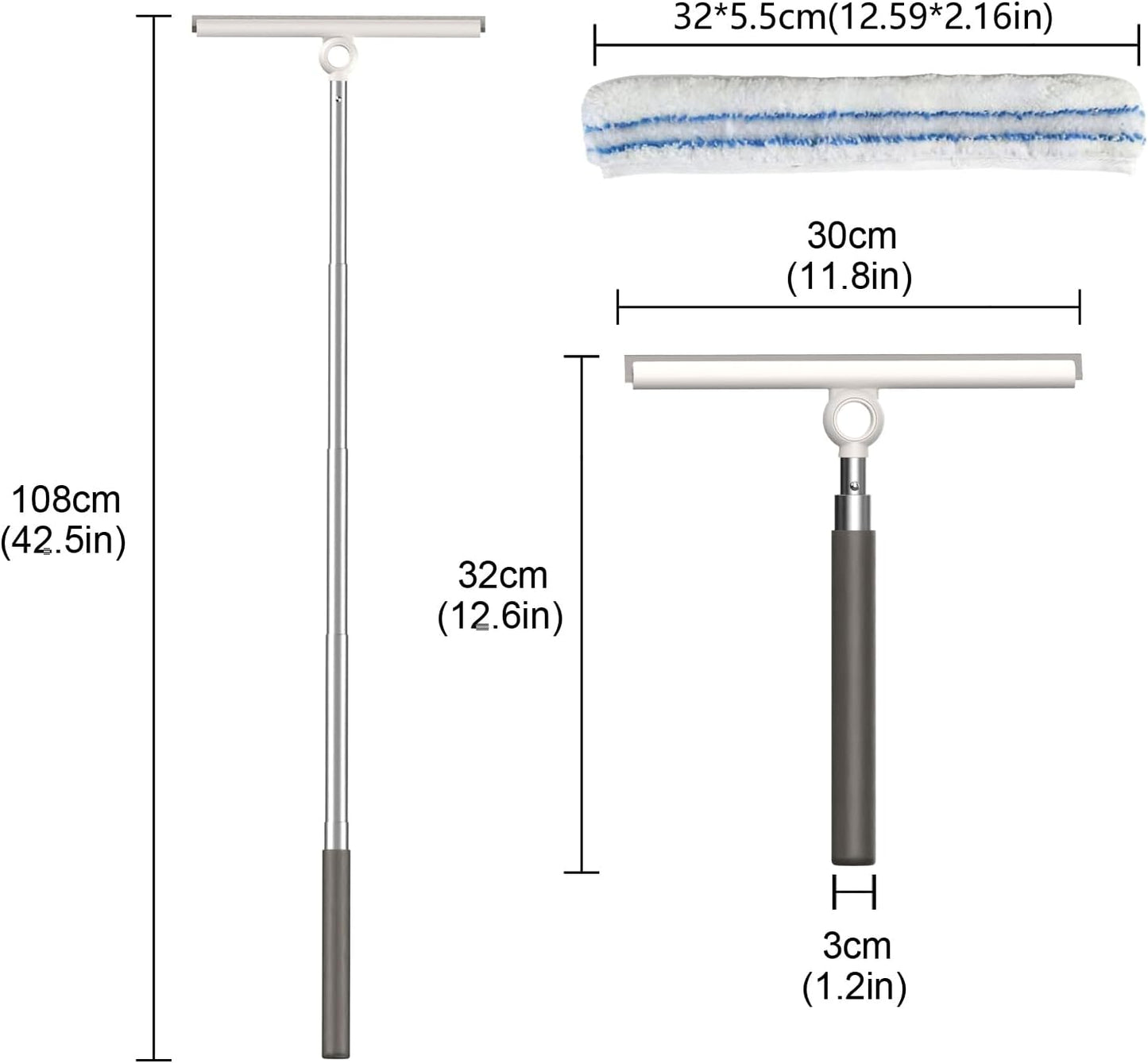 Shower Squeegee for Glass Doors, Telescopic 2-in-1 Squeegee for Window Cleaning with Microfiber Scrubber for Bathroom, Tile Wall, Car Windshield